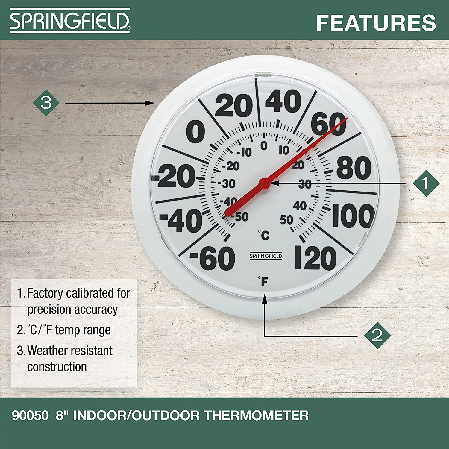 Large Outdoor Indoor Thermometer Easy Read Bold Analog Display Weather Resistant