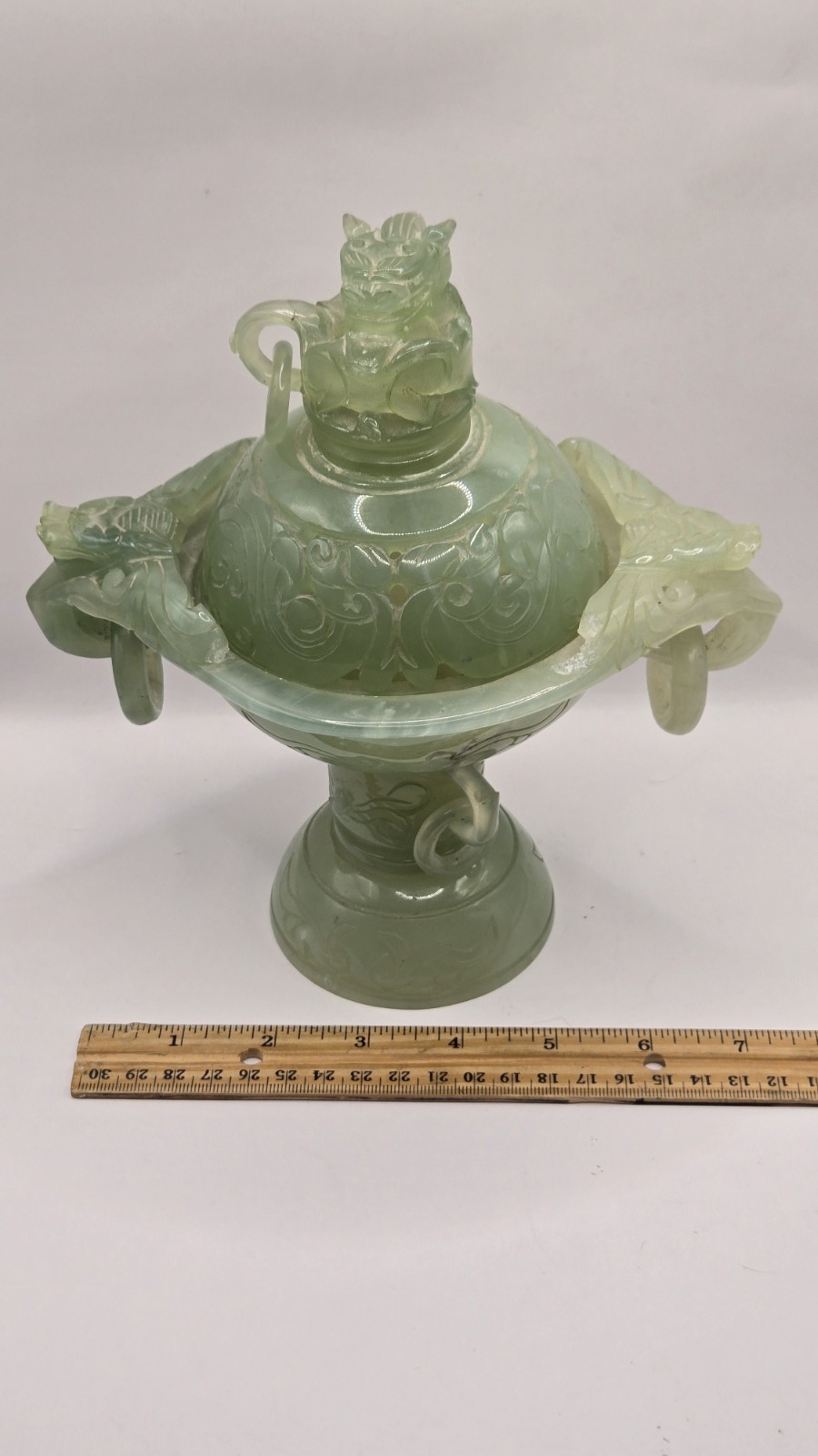 Vintage Chinese Jade Carved Foo Dog Incense Burner 8" x 7.5" READ FOR FAULTS