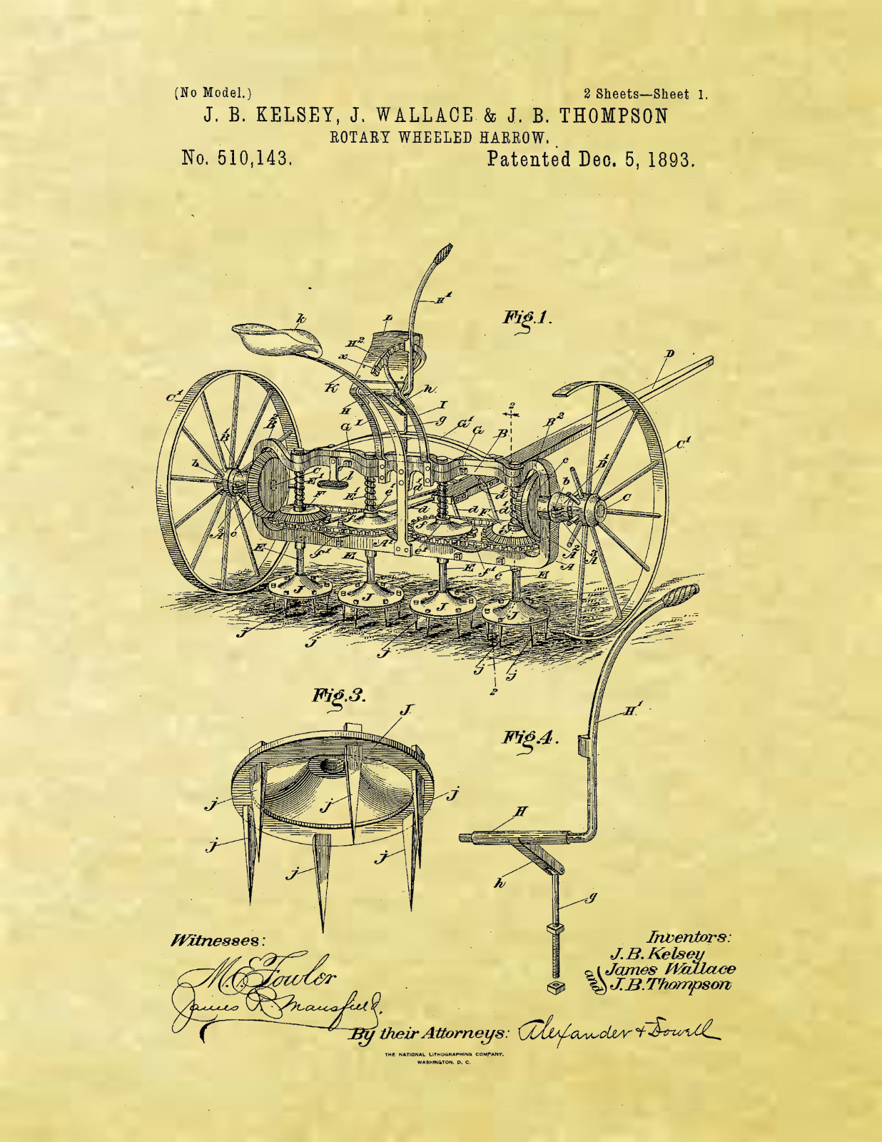 Display Art Print US PATENT for ROTARY WHEELED HARROW Farm Equipment Kelsey 1893