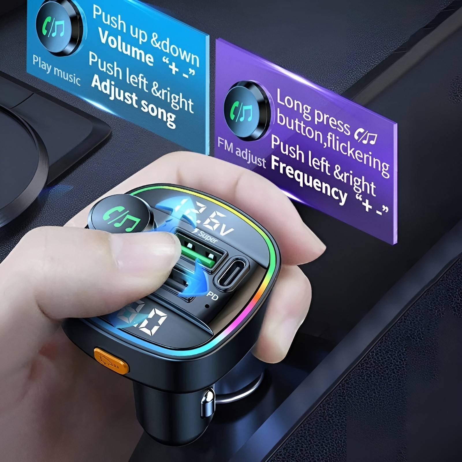 Bluetooth 5.0 Car FM Transmitter Adapter, Hands-Free, USB Charger, AUX Audio