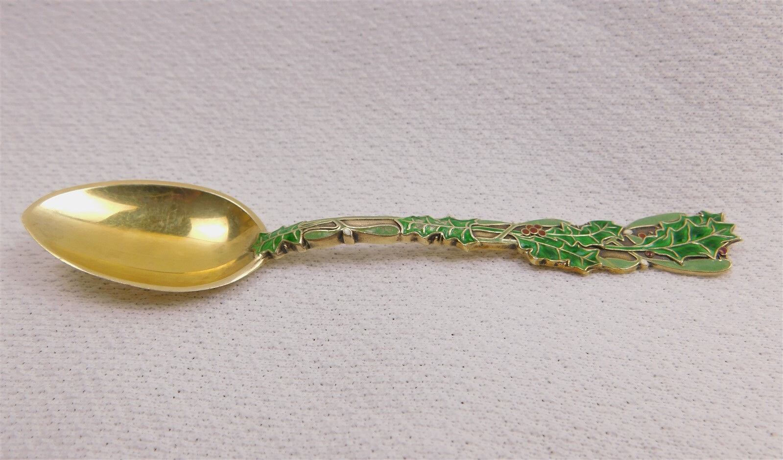 Antique Art Nouveau Sterling Silver Holly Berry Enamel Handle Spoon