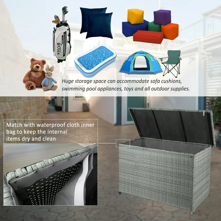 150 Gallon Outdoor Storage Deck Box Waterproof Large Patio Rattan Storage Bin GR