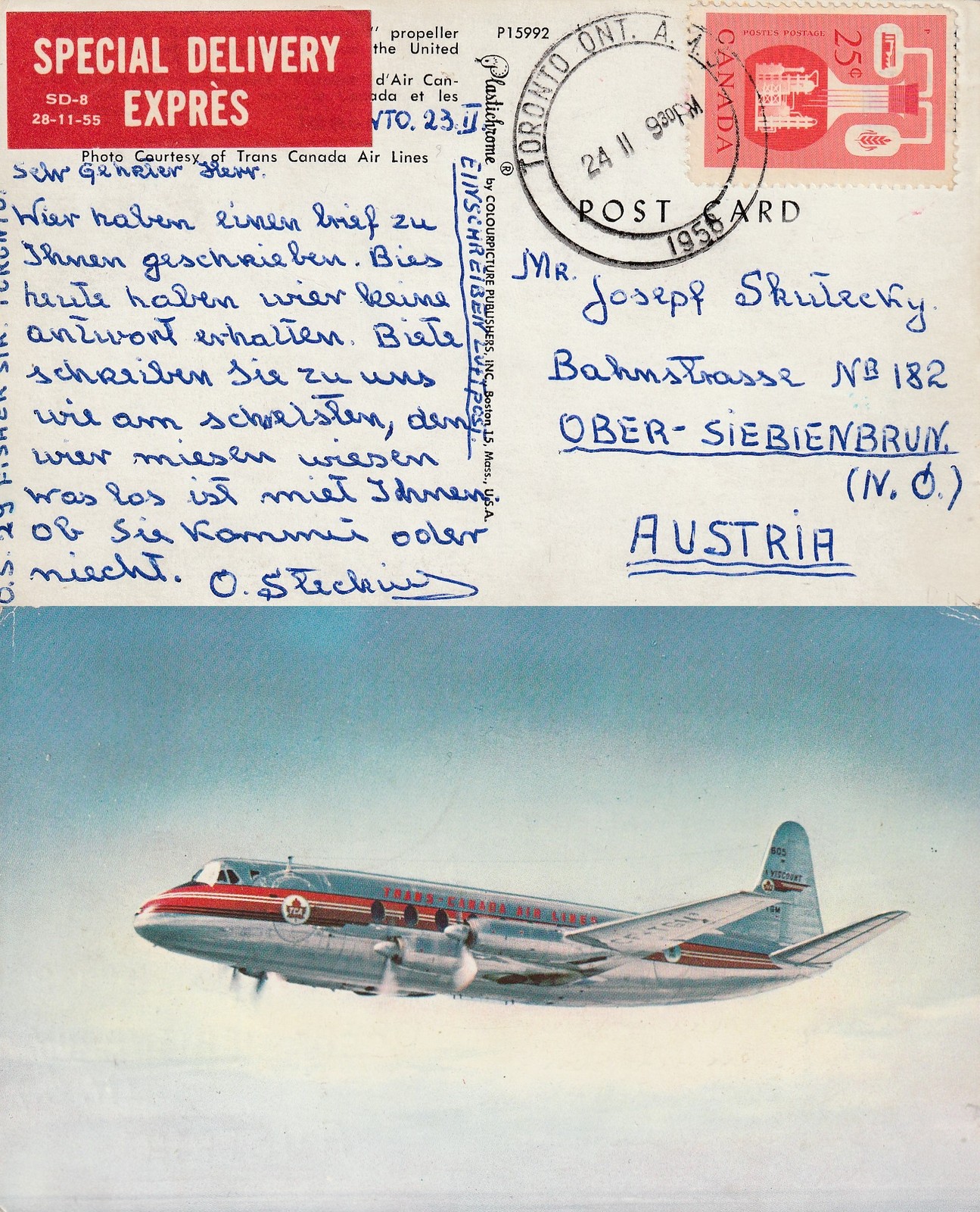 Canada to Austria TORONTO AMS Barrel 25c Chemical SPECIAL DELIVERY ppc 1956