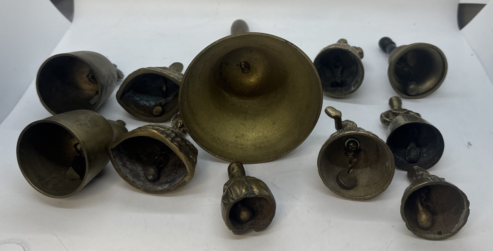 Lot of 11 Vintage Antique Hand Bell Mixed Estate Etched Fish Brass Lady Woman