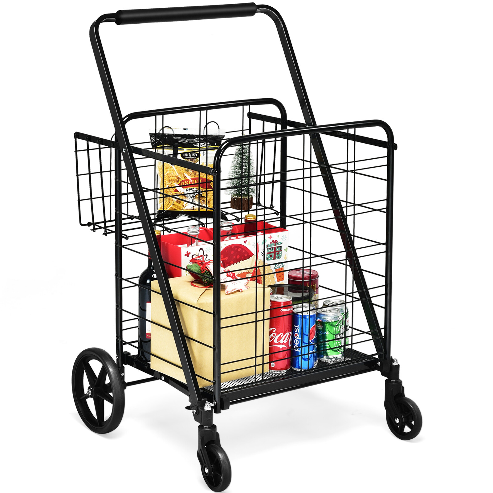 Heavy Duty Folding Shopping Cart Utility Jumbo Double Basket 330lbs Black