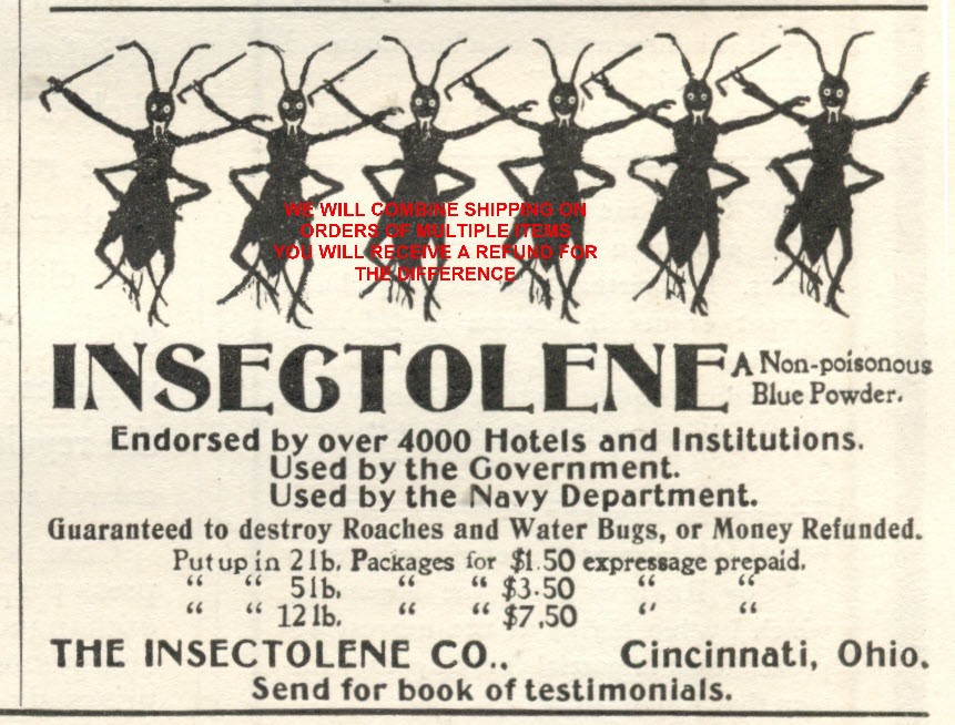 INSECTOLENE Destroys Kills Roaches&Water Bugs 1903 Print Ad~Tap Dancing Insects
