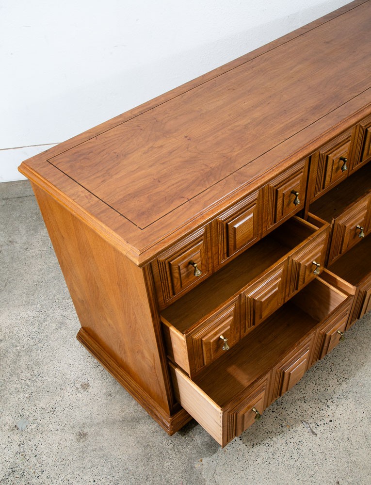 Mid Century Modern Credenza Server Buffet Stanley Oak 9 Drawers Cabinet 1970s