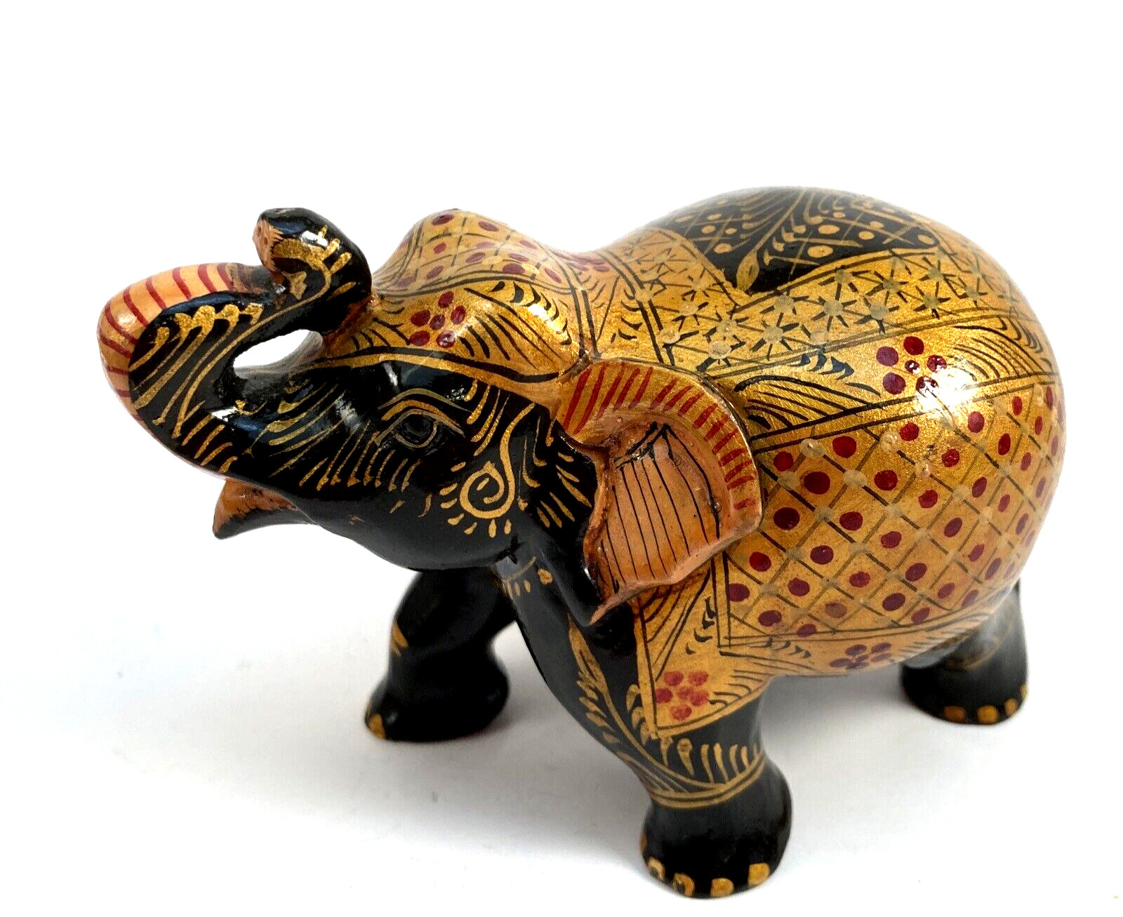 Wooden Trunk Up Elephant Figure Handpainted Gold Highlight Designs MISSING TUSKS