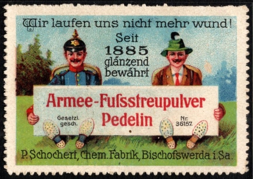 Vintage Germany Poster Stamp Pedelin Army Foot Powder We No Longer Get Sore Feet