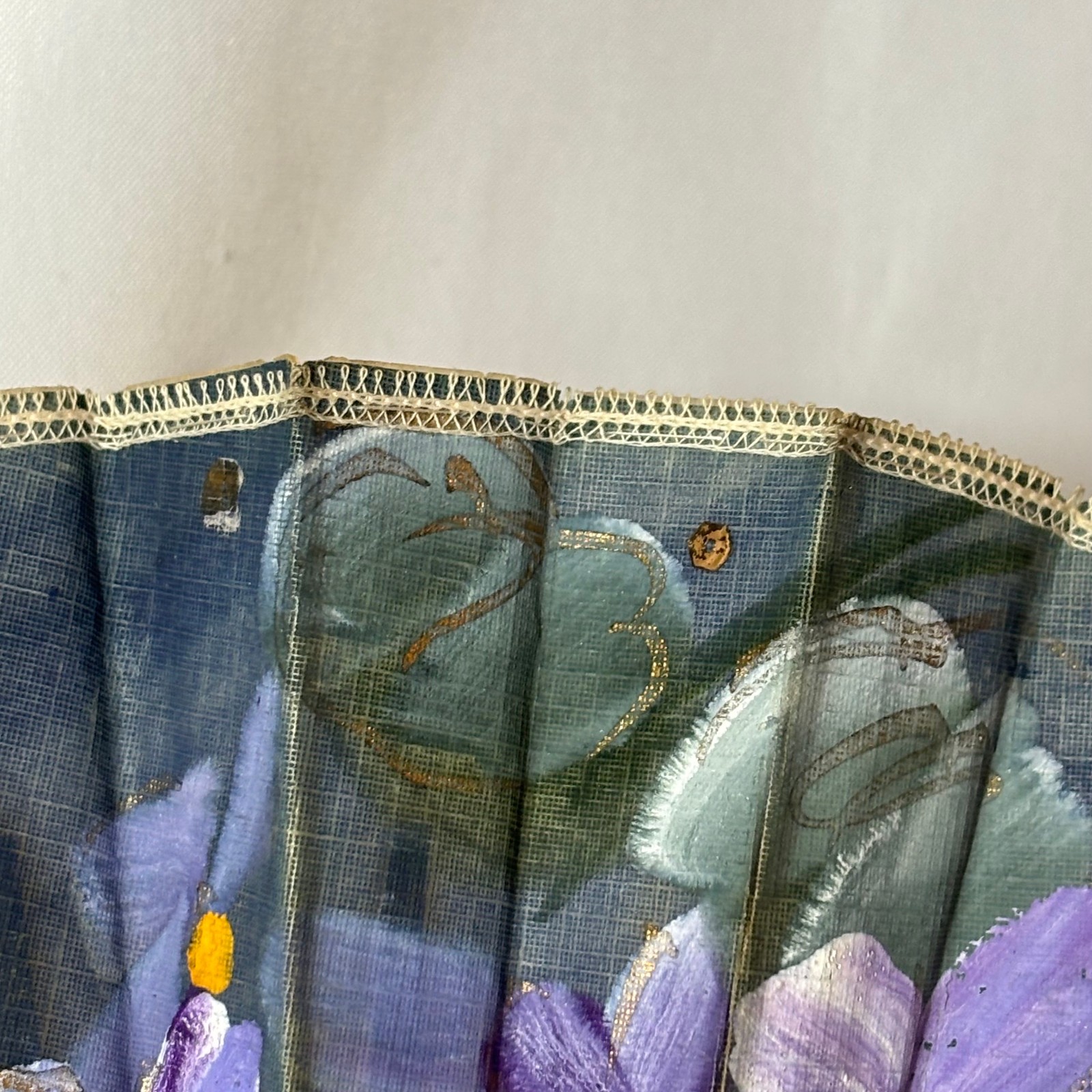 Maxim's France vintage linen folding fan purple pansy sequins