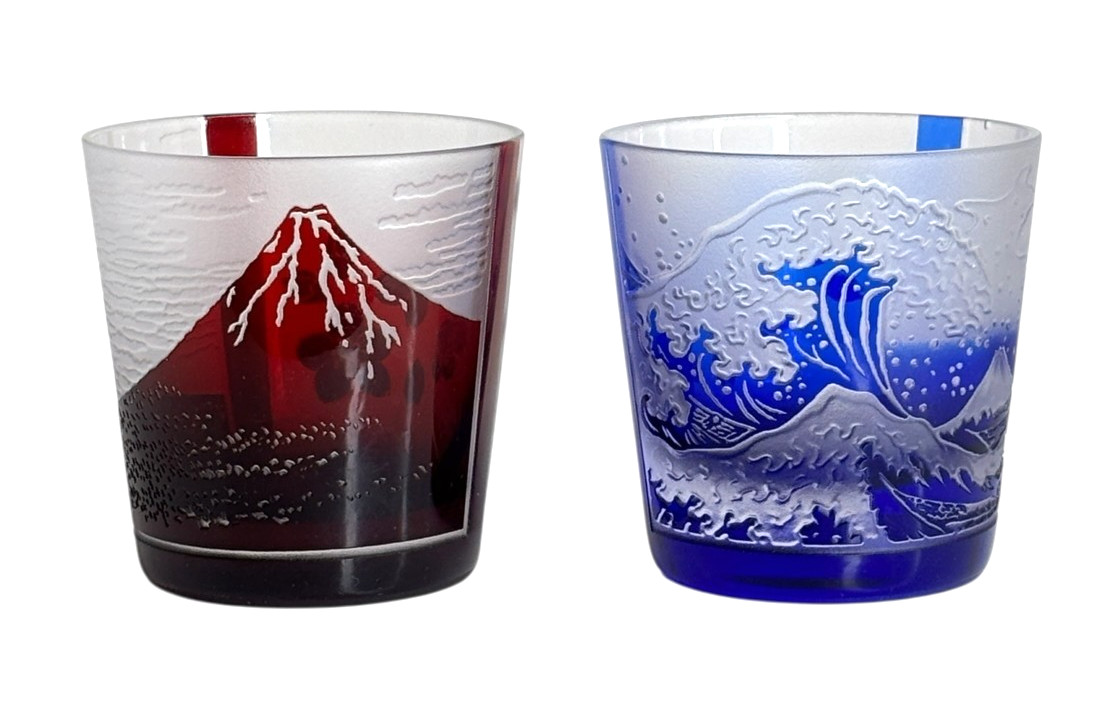 Edo Kiriko Taburo Cut Glass Sake Whiskey Glasses Mt. Fuji, Wave Mini Rock Glass