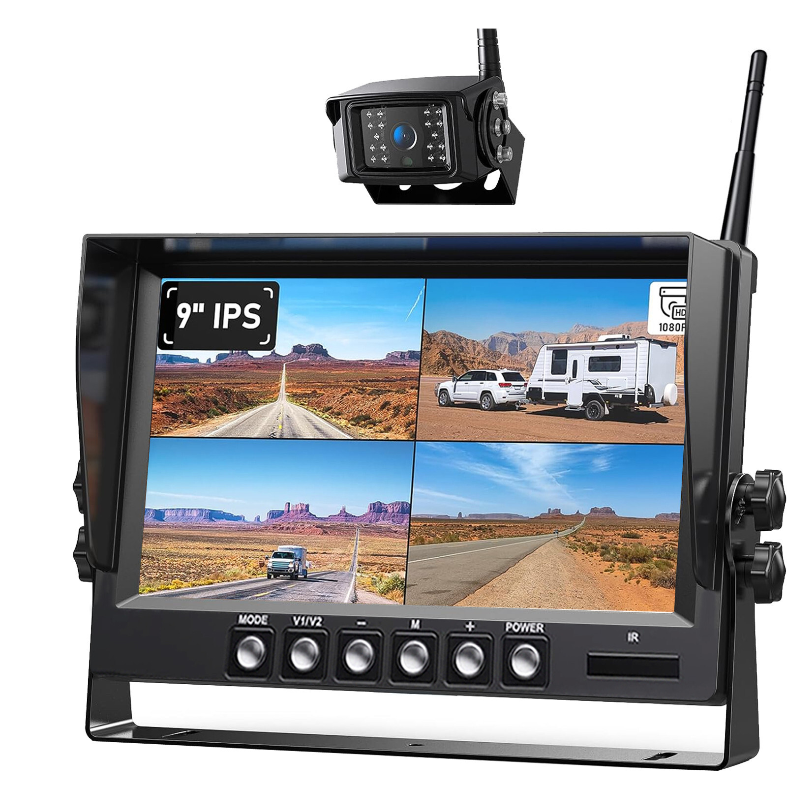 1080P Wireless RV Backup Camera 9" DVR Quad Monitor Reversing for Trailer Truck