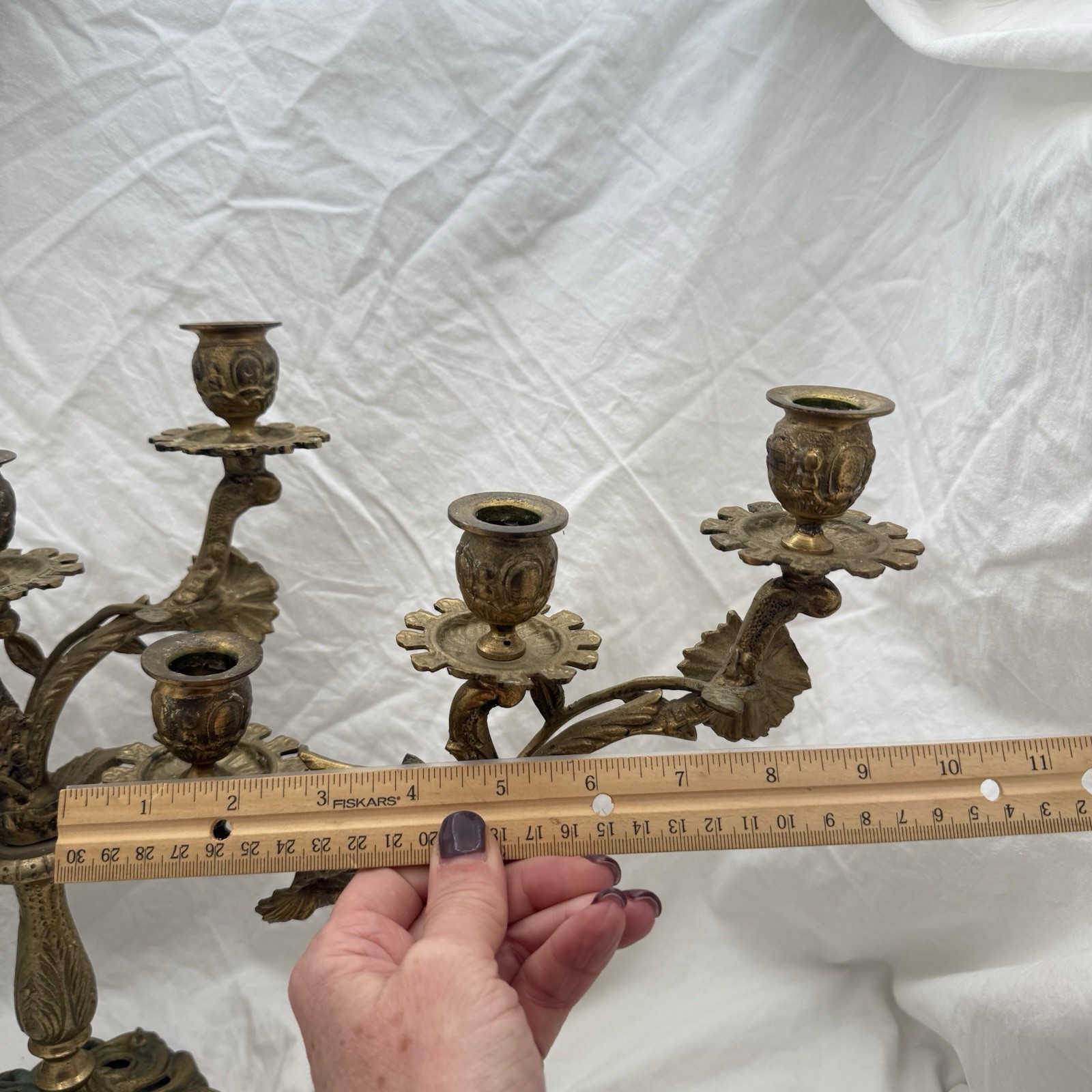 Vtg Triple Candelabra Ornate Floral Heavy Brass Candlesticks Candle Holders Pair