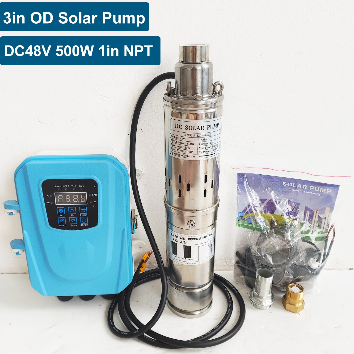500W DC 48V 3" Solar Pump Submersible Pump Bore Deep Well Pump + MPPT Controller