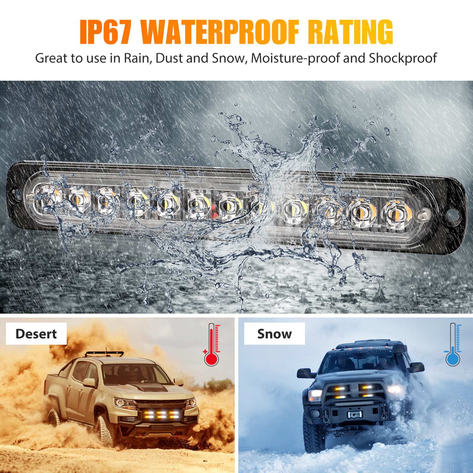 4PCS Amber/White 12 LED Car Truck Strobe Light Bar Flashing Warning Hazard Lamps
