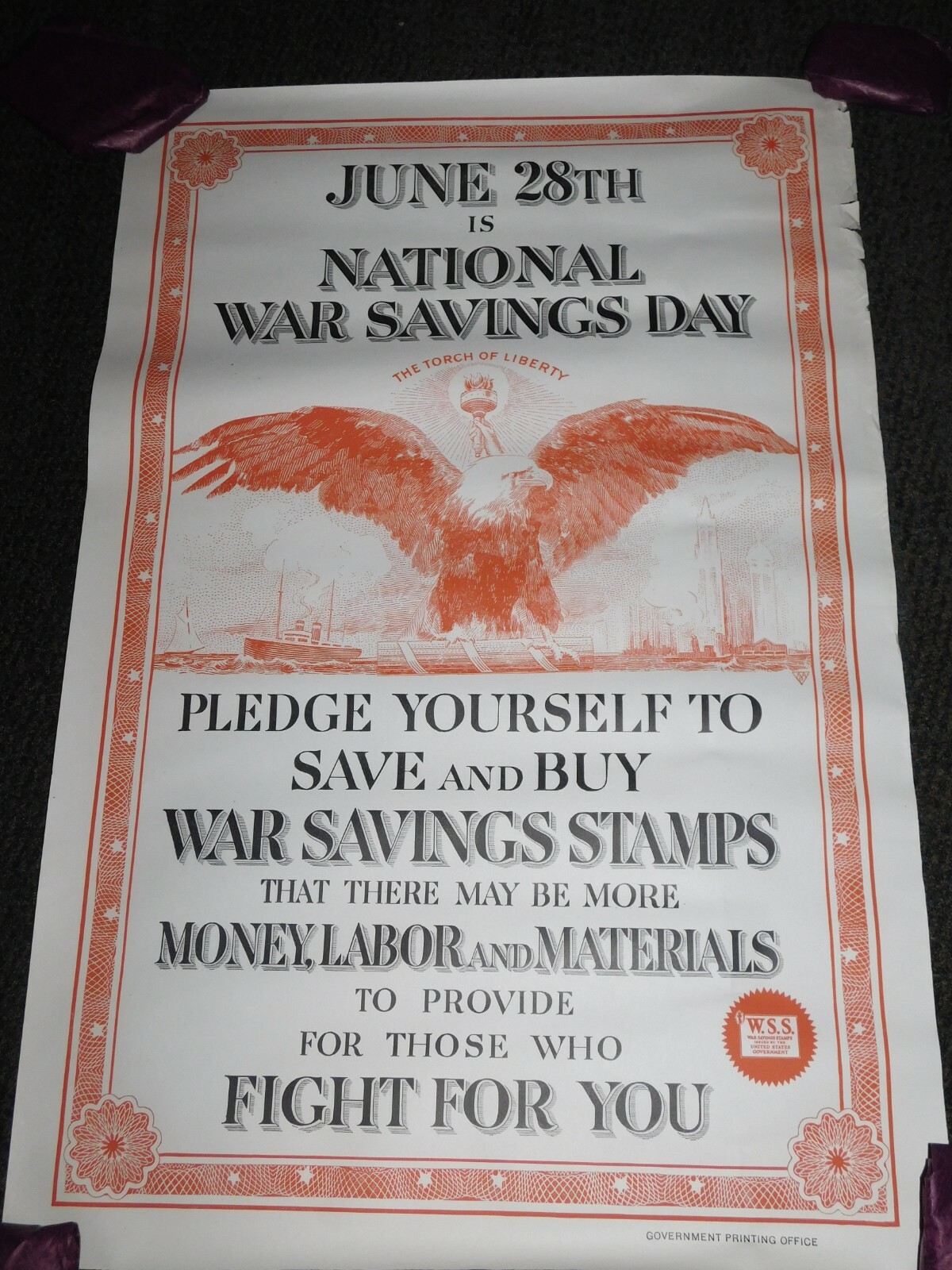 VINTAGE WWI WORLD WAR 1 NATIONAL WAR SAVINGS DAY WSS FIGHT FOR YOU EAGLE POSTER