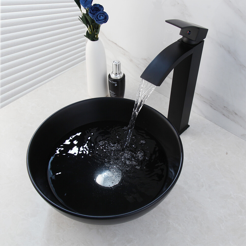 Ceramic Round Black Bathroom Vessel Sink Washing Basin Bowl Waterfall Faucet Tap