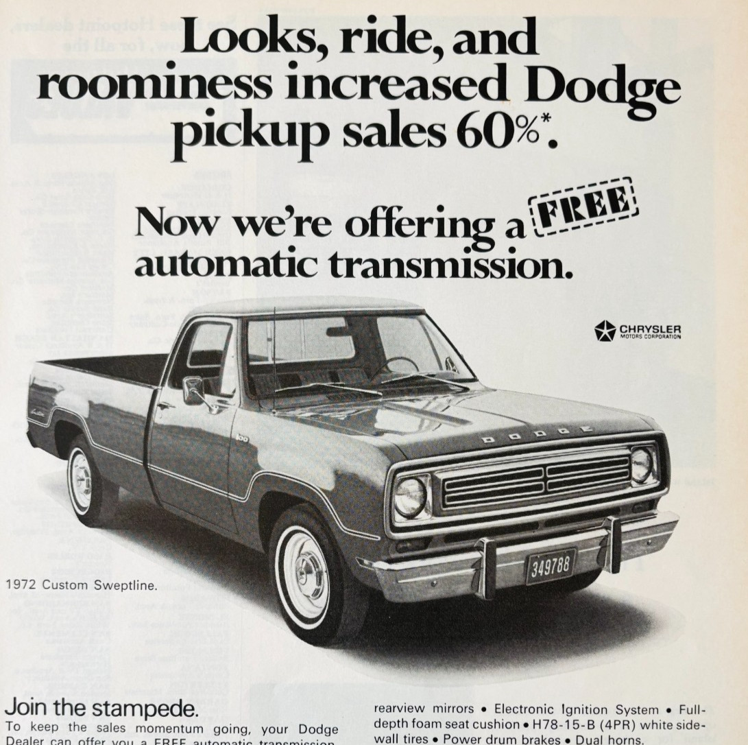 1972 Dodge Custom Sweptline D100 Pickup Advertisement Vintage Automobile DWW10E