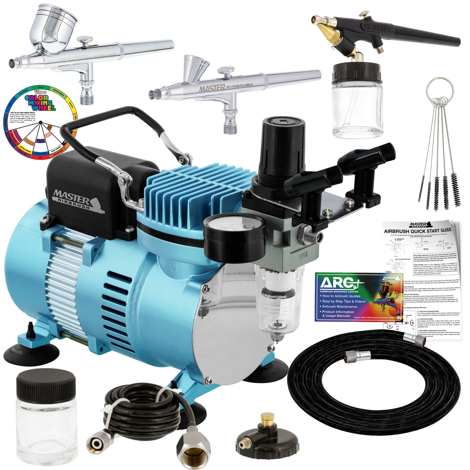 Master 3 Airbrush Dual Fan Air Compressor Professional Kit, Gravity Siphon Feed