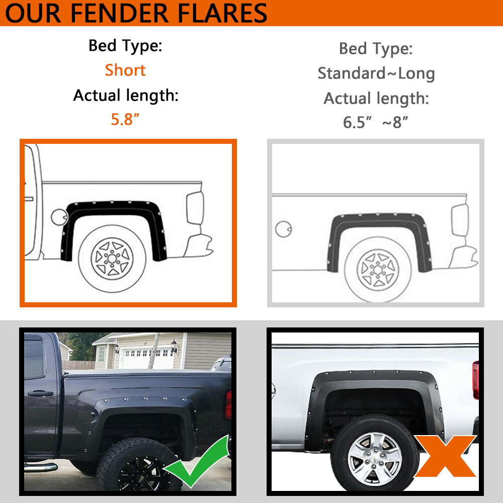 FIT FOR 14-18 SILVERADO 5.8' SHORT BED POCKET RIVET STYLE FENDER FLARES 4PC