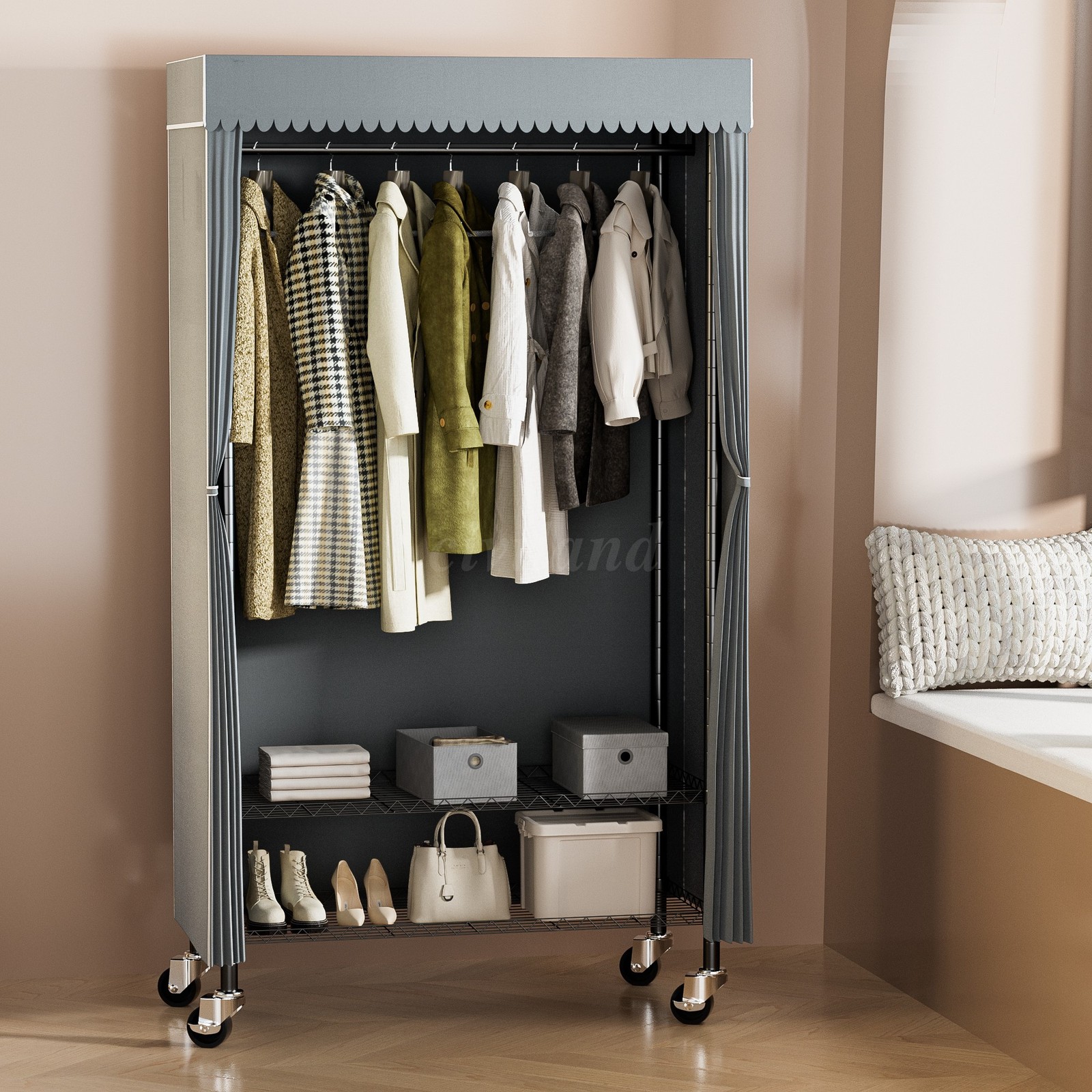 3 Tiers Heavy Duty Rolling Garment Rack with Wheels, Adjustable Shelf, Bedroom