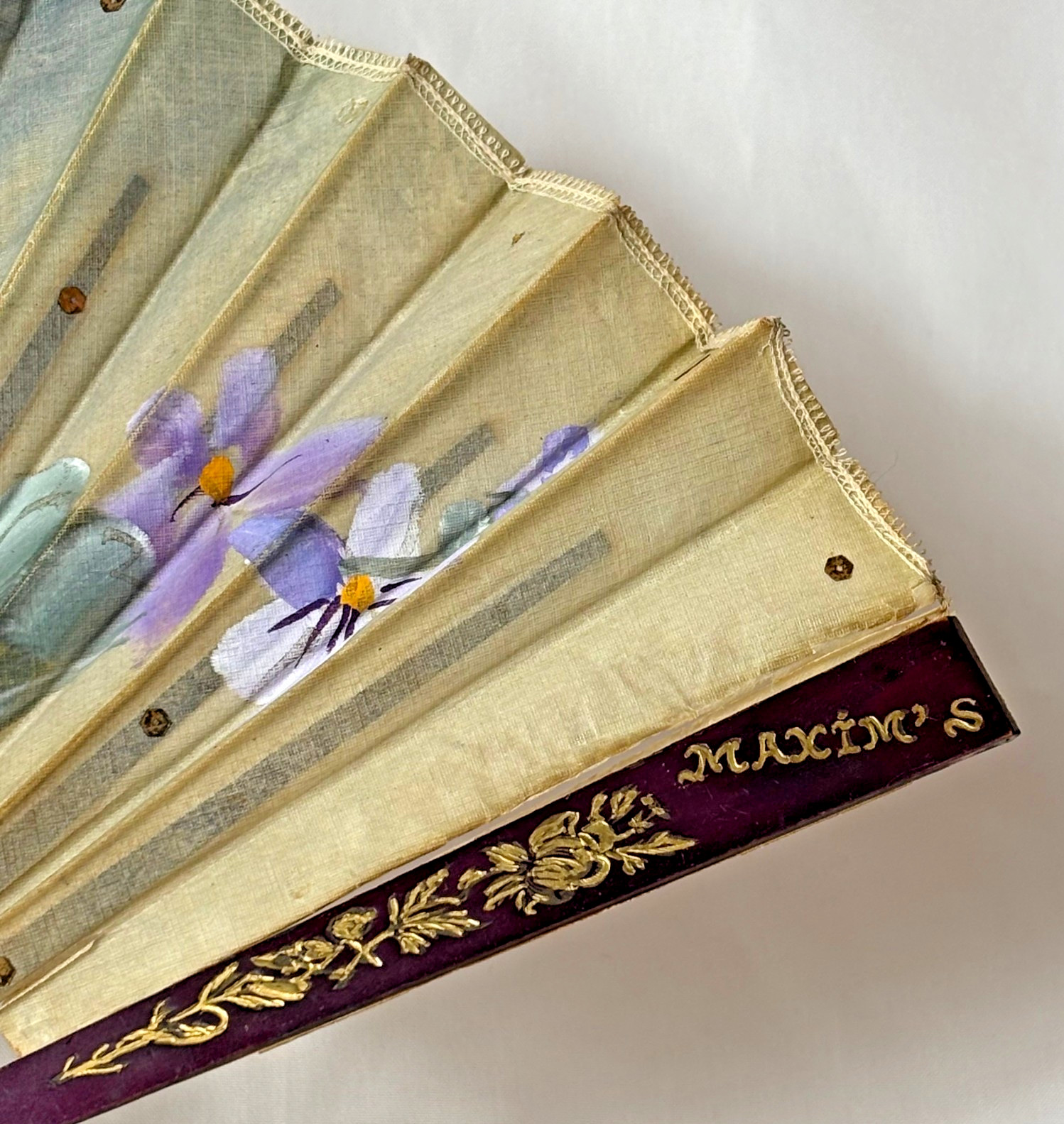 Maxim's France vintage linen folding fan purple pansy sequins