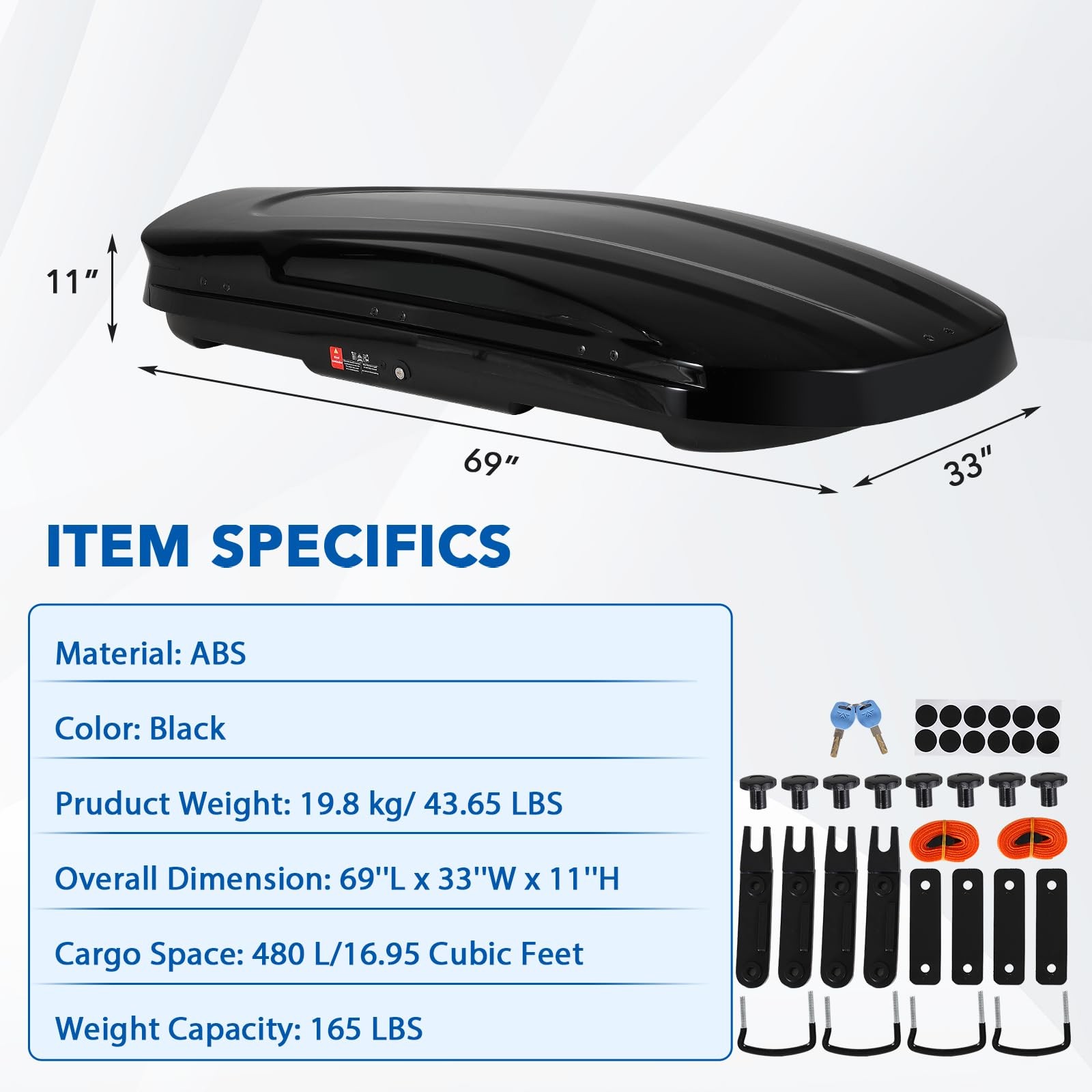 17 Cubic Feet Car Top Cargo Carrier Vehicle Roof Mount Luggage Storage Box 2 Key