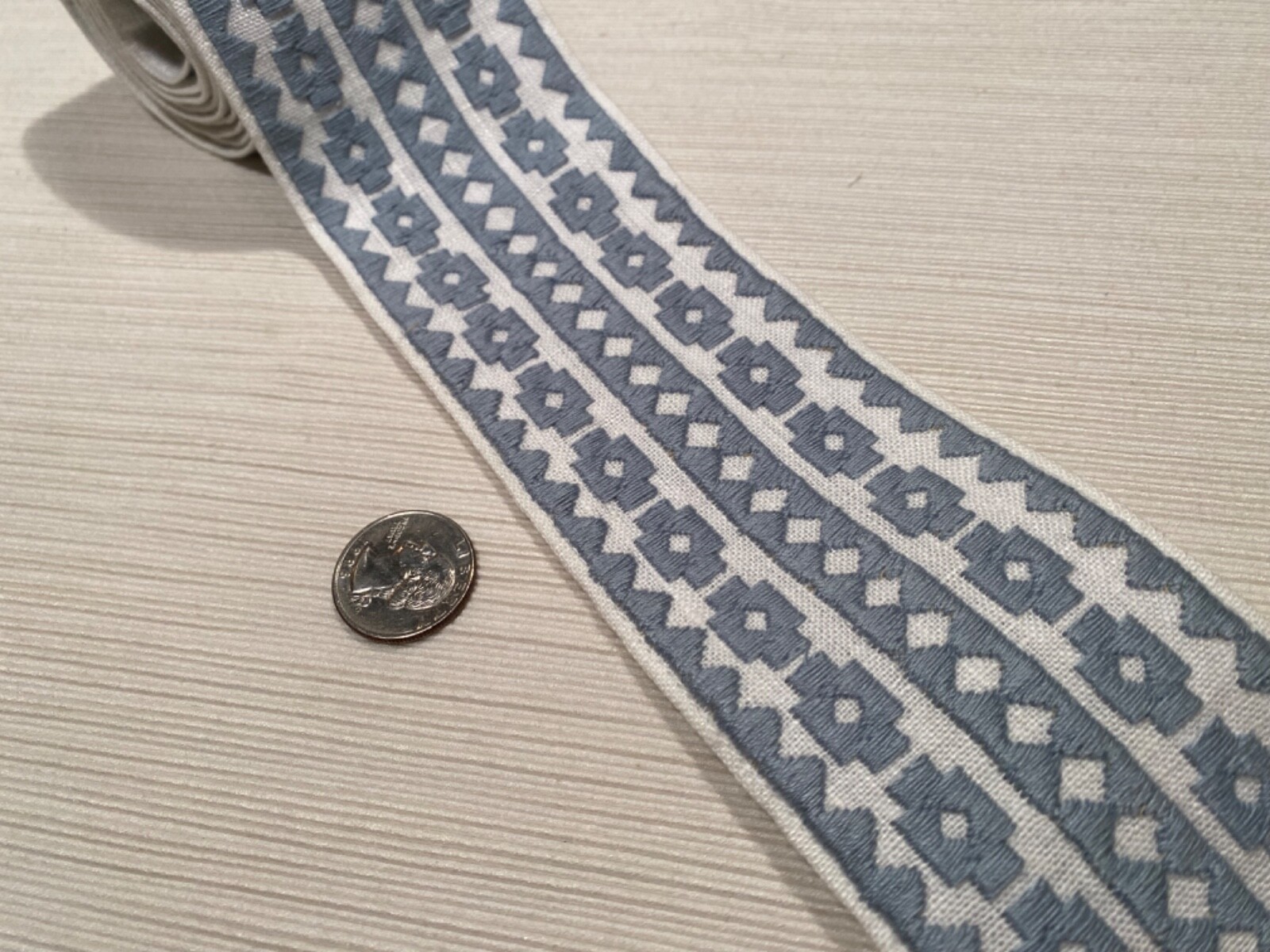 SCHUMACHER 79920 Talitha Tape Sky 85% Linen Embroidered Passementerie Trim BTY