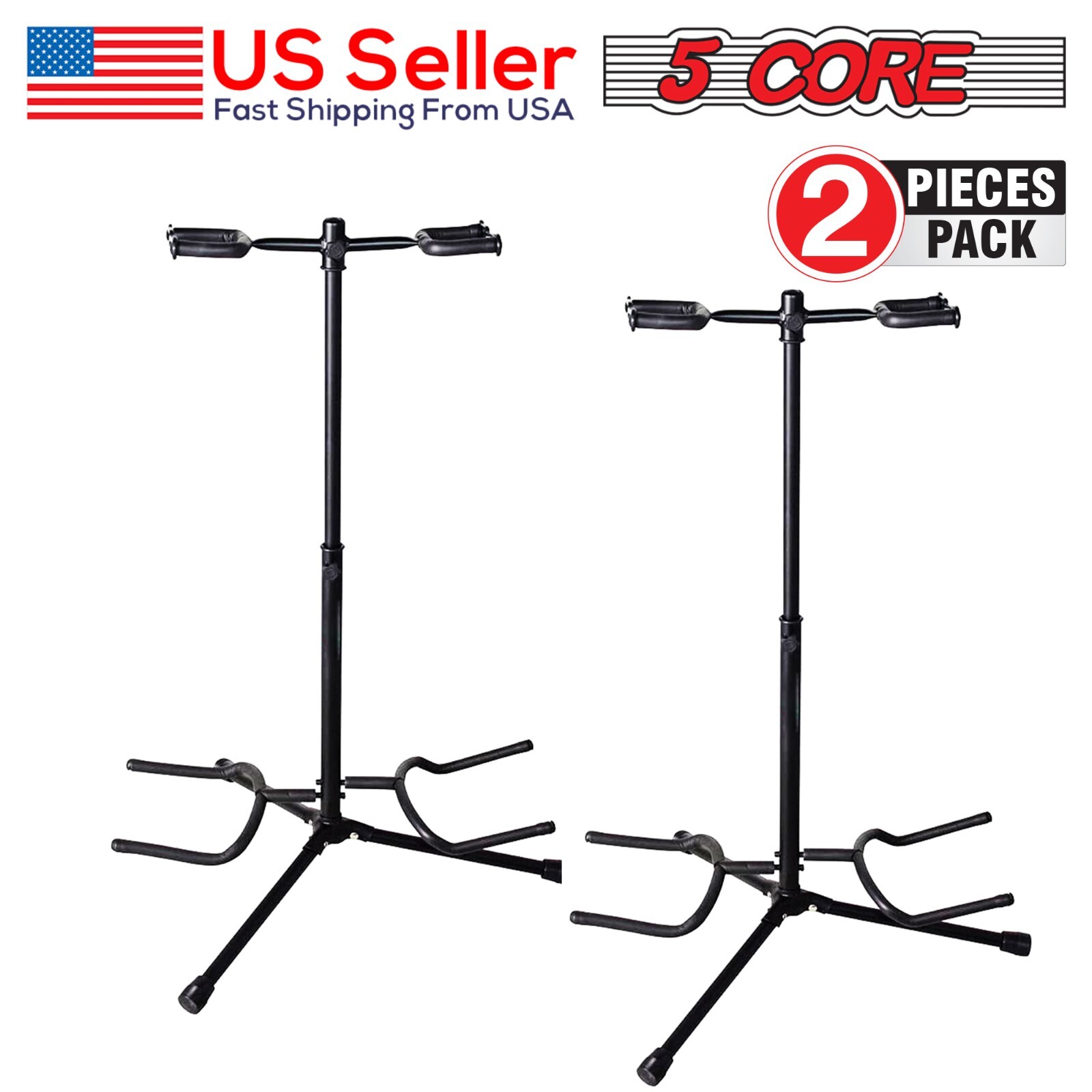 5Core Padded Dual Guitar Display Stand Traditional Design Adjustable Height