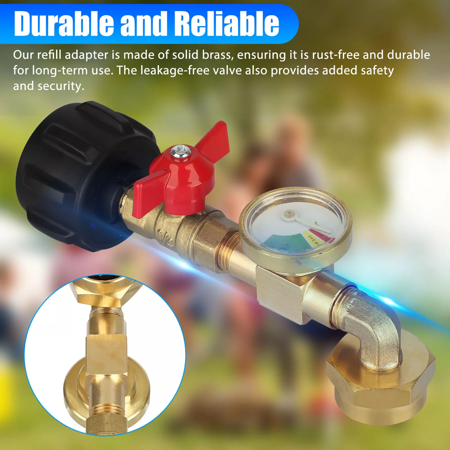 Propane Refill Adapter with Valve and Gauge Fill 1 Lb Bottle From 20 Lb Tank 90°