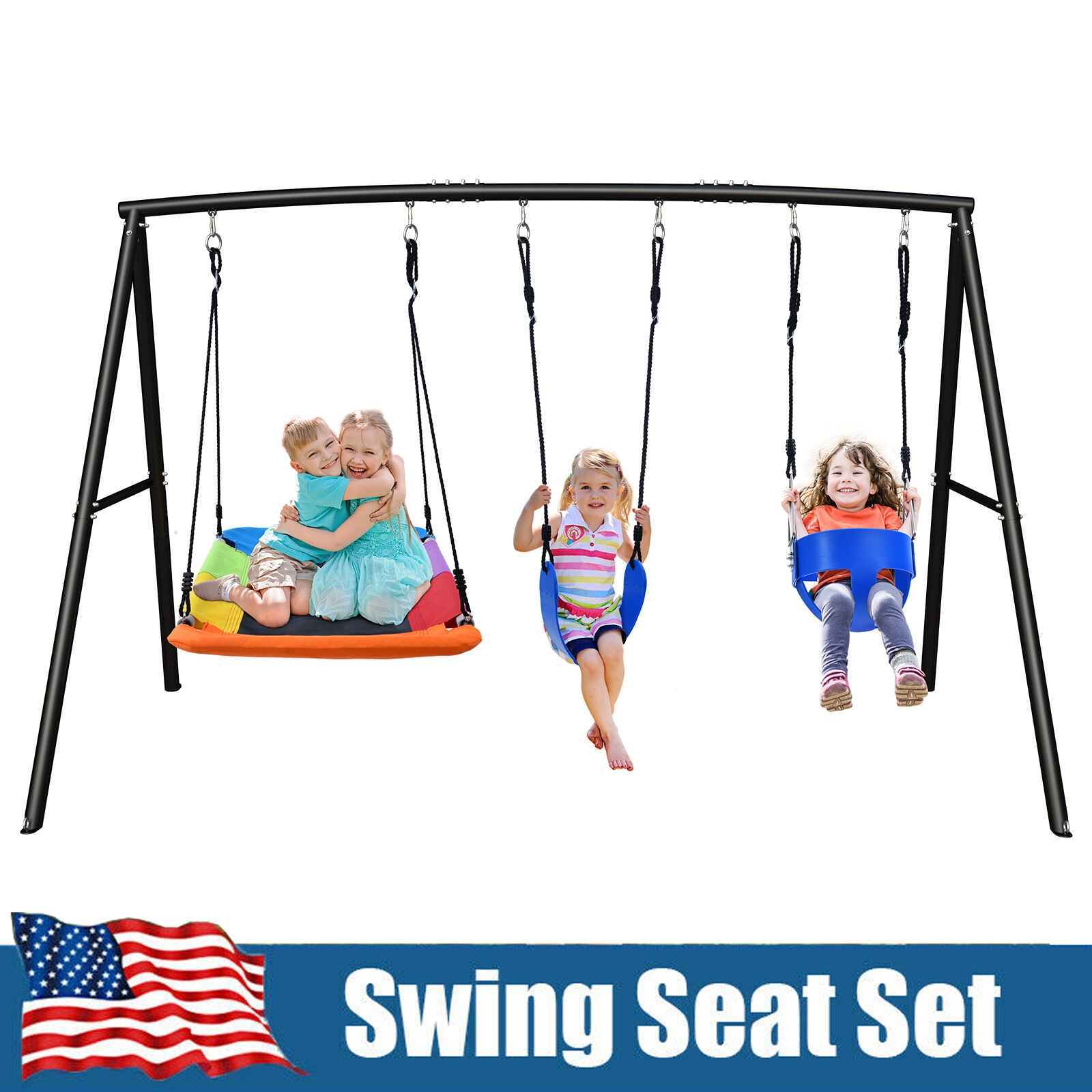 440lbs 4 IN 1 Backyard Metal Swing Set with Three Swing Heavy Duty A-Frame Stand
