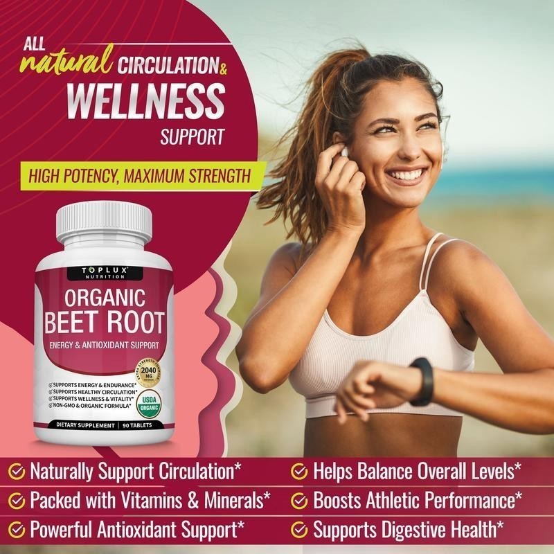 TopLux Organic Beet Root 2040mg – 90 Tablets – Energy, Circulation & Antioxidant