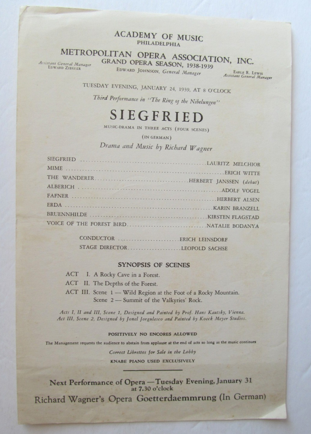 Program - Siegfried- 1939- Metropolitan Opera Philadelphia - Flagstad, Melchior
