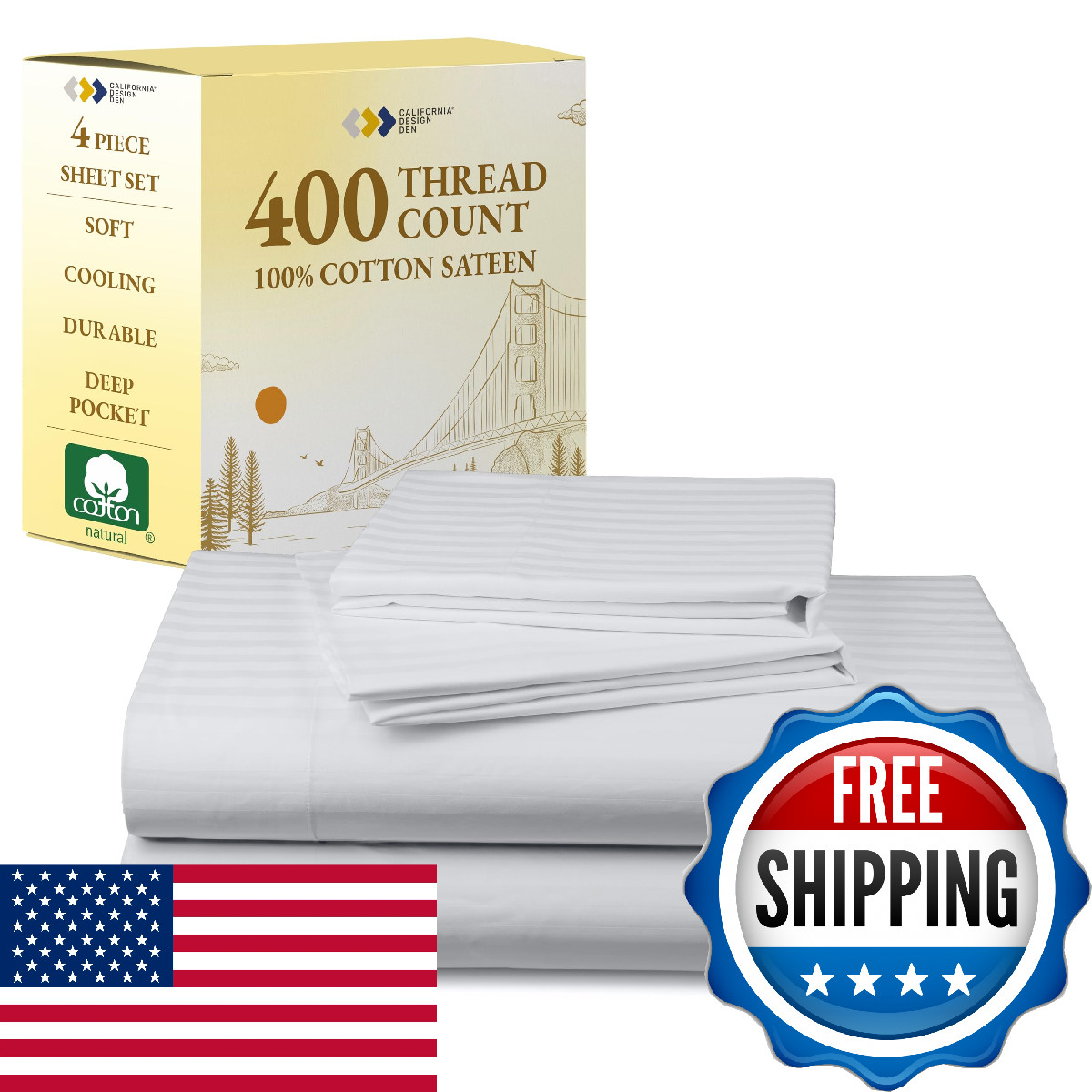 California Design Den Striped Queen Sheet Set - Soft 400 Thread Count Sateen, Na