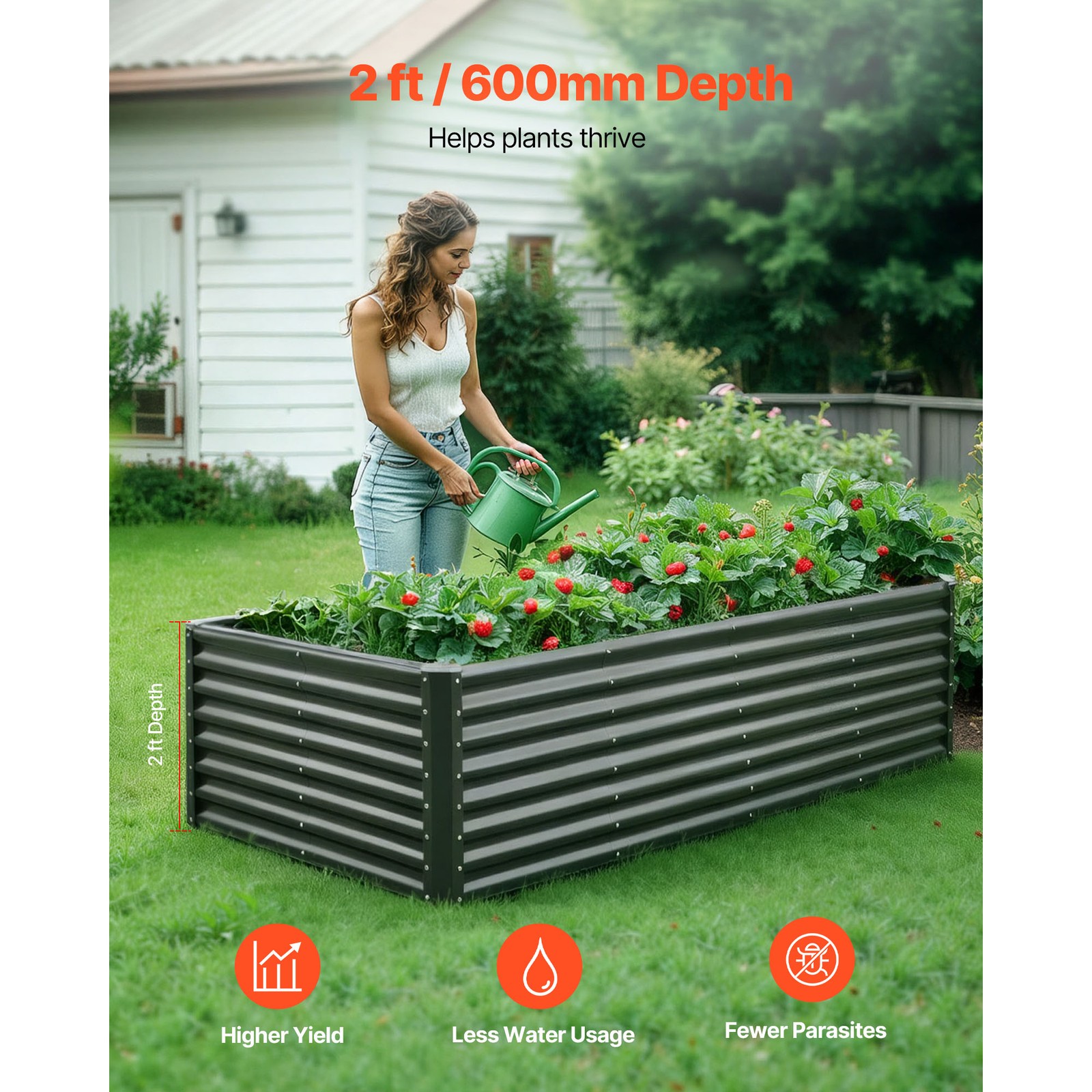 Uimoso Metal Raised Garden Bed Galvanized Planter Box 8x4x2 ft Outdoor Dark Gray