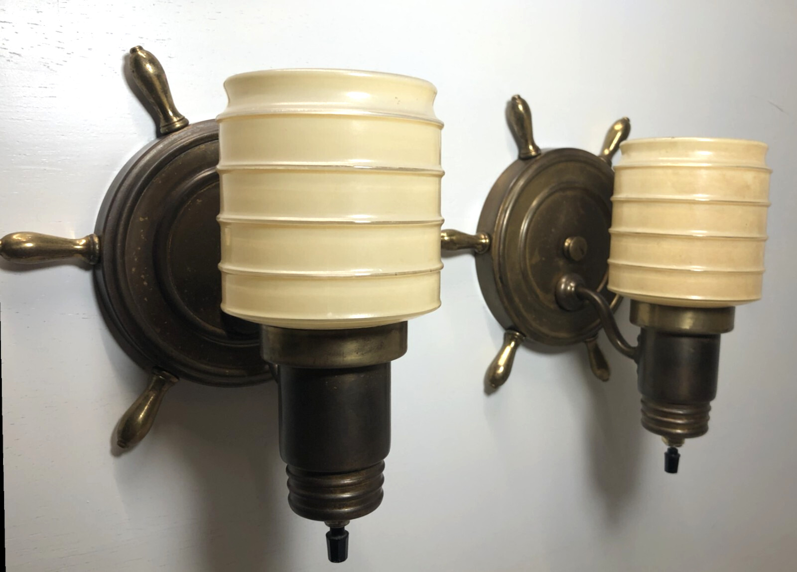 Vtg Nautical Wall Sconce Pair Ship Wheel Brass Light Fixture Art Wired USA #i30
