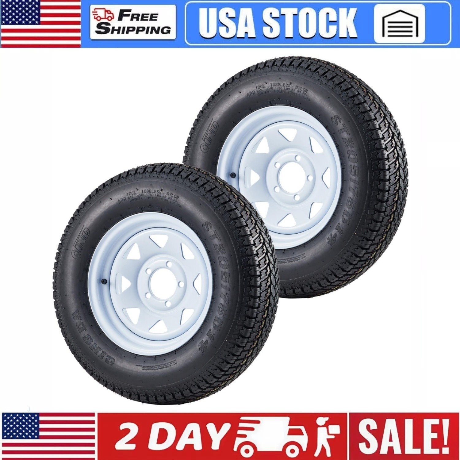 2pack ST205 75D14 Tire ST205/75D14 Trailer Tires with 14" Rims 5 Lug on 4.5"