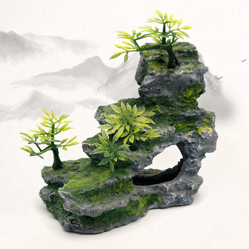 Large Fish Tank Decorations Mountain View Aquarium Ornament with Tree House Cave