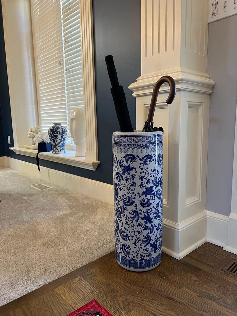 Floral Blue & Gray Porcelain Umbrella Cane Stand Holder Floor Vase Plant Vine