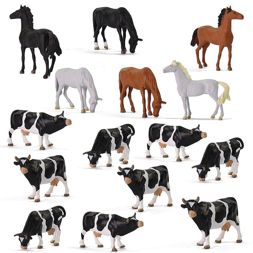 Evemodel 15pcs O Scale 1:43 PVC Farm Animals Painted Model Horses Cows