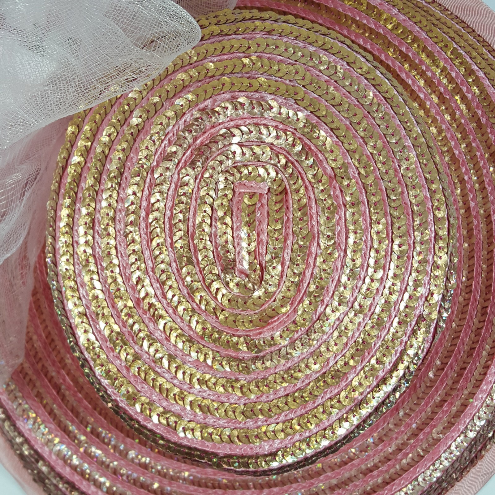 Vintage Whittall Shon Womens Cartwheel Sun Hat Pink Gold Floral Flower Sequin