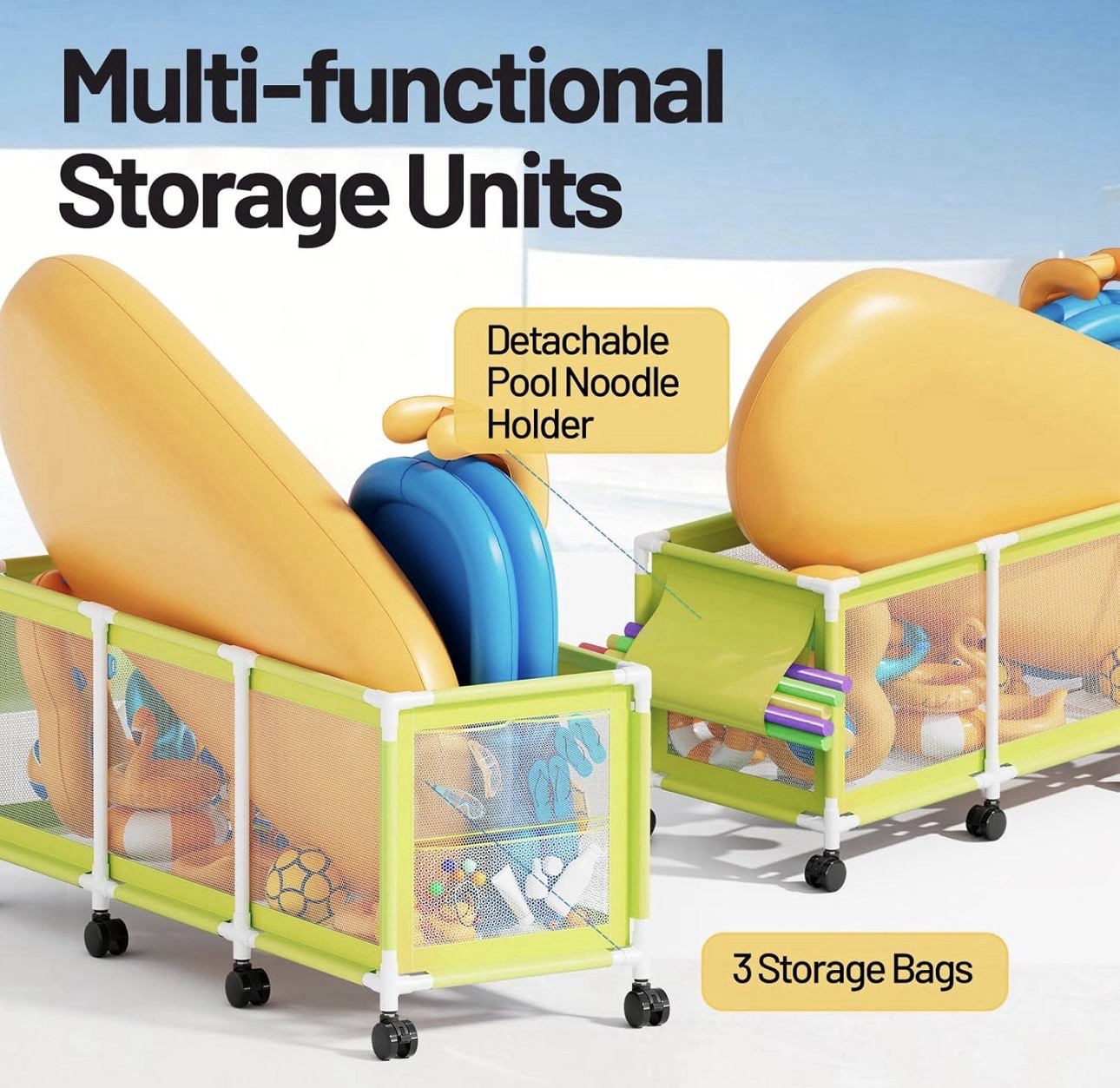 365 Gallon 103" XL Rolling Swimming Pool Storage Bin, Noodles, Toys, Floats Etc.