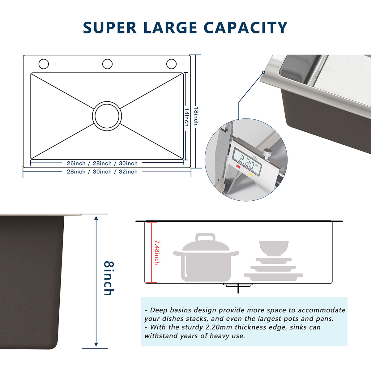 Silver Kitchen Sink Stainless Steel 28"/30"/32" Single Bowl Drop In Top Mount