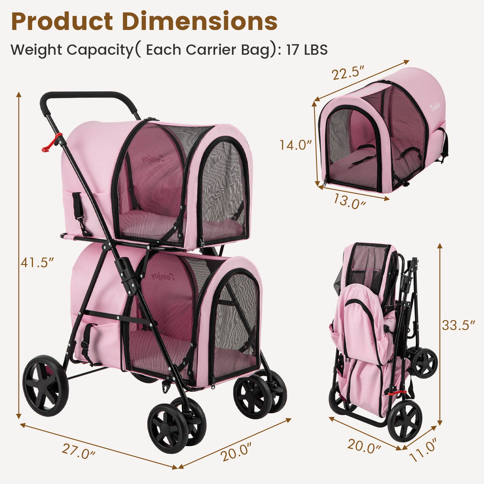 4-in-1 Double Pet Stroller w/ Detachable Carrier Travel Carriage for Cats