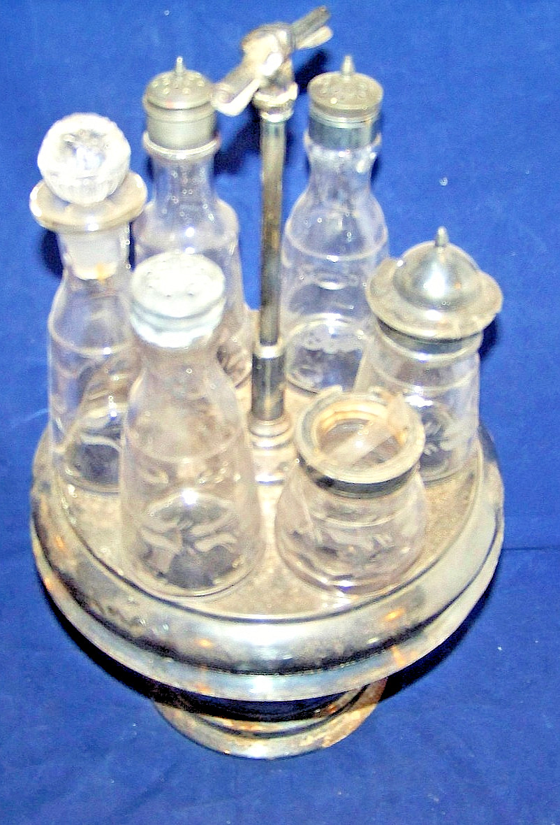 Antique Glass Cruet Condiment COMPLETE Set With Six Bottles