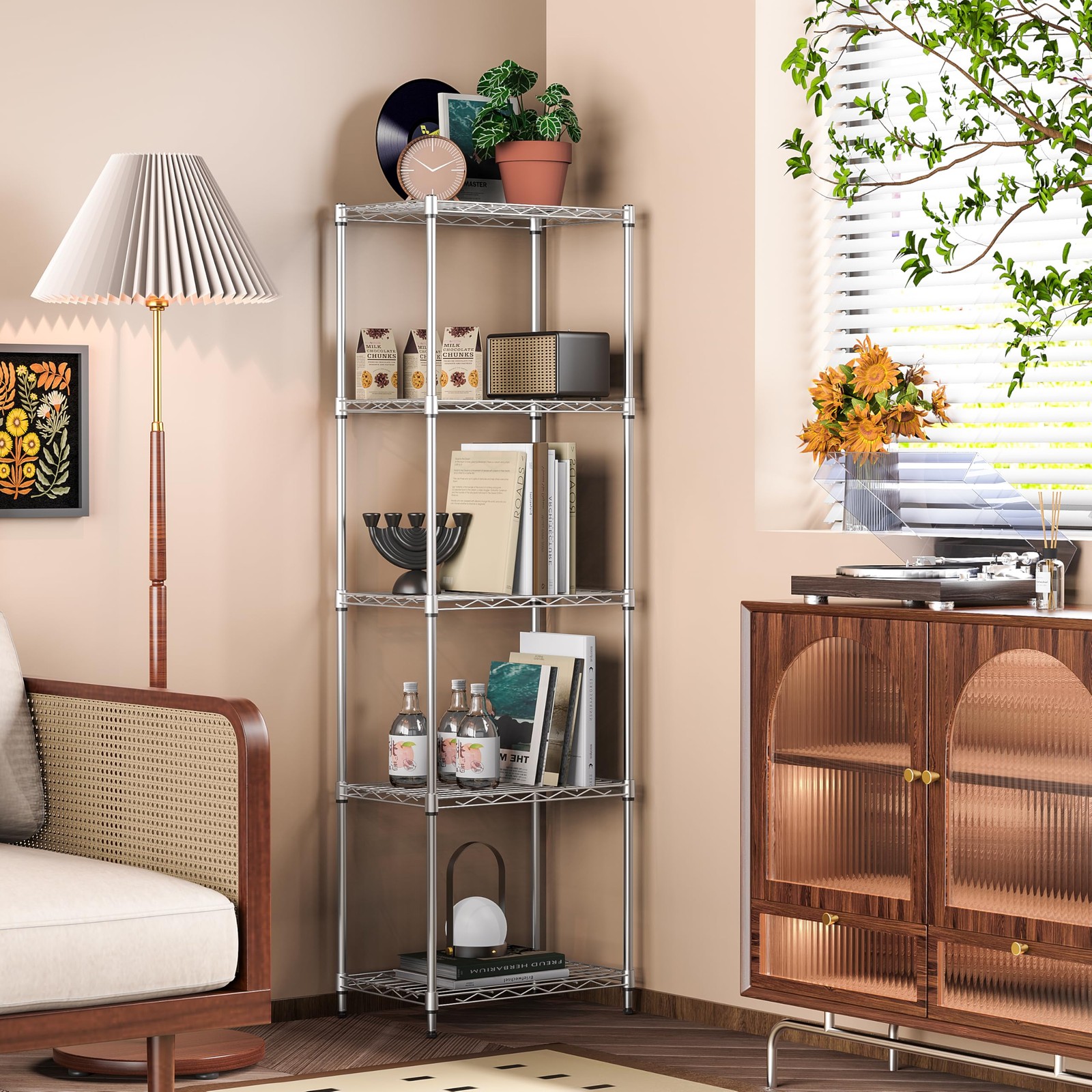 5 Tier Metal Storage Shelves Adjustable Chrome Wire shelves Industrial Shelves