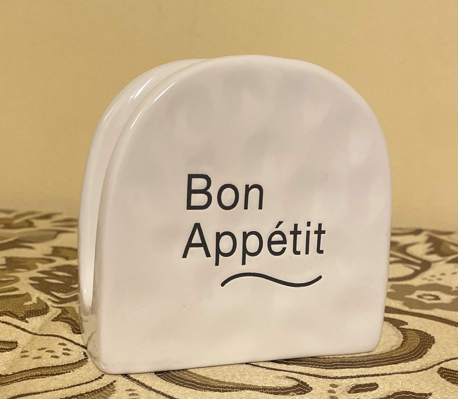Napkin Holder Ceramic Tabletop White Black Text "Bon Appetit"