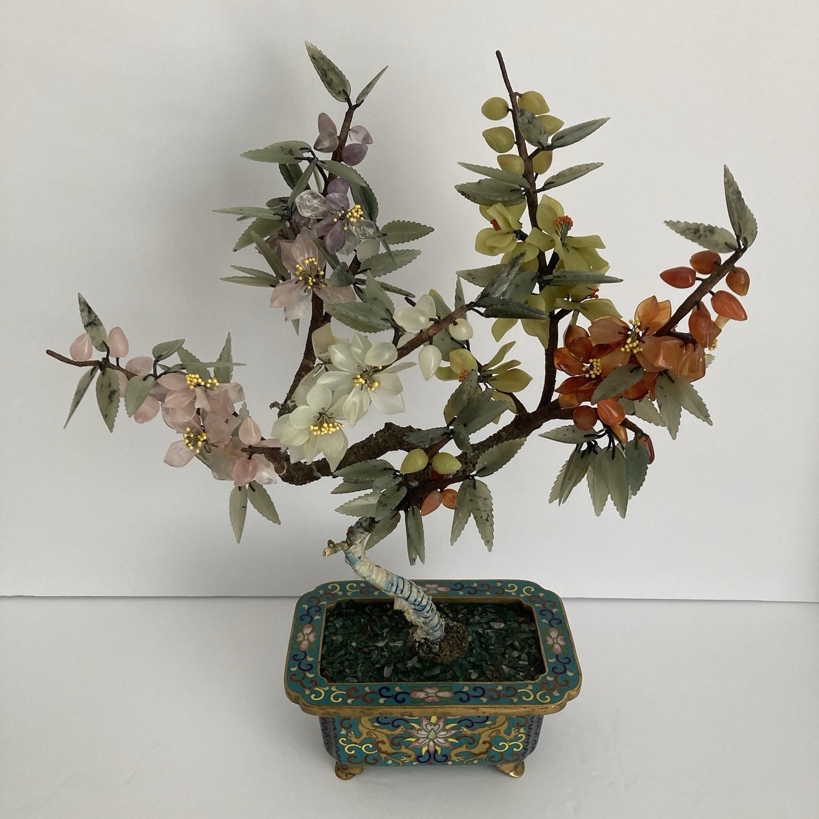 Pair Antique Chinese Jade Bonsai Tree in Cloisonne Pot w Amethyst Carnelian VTG