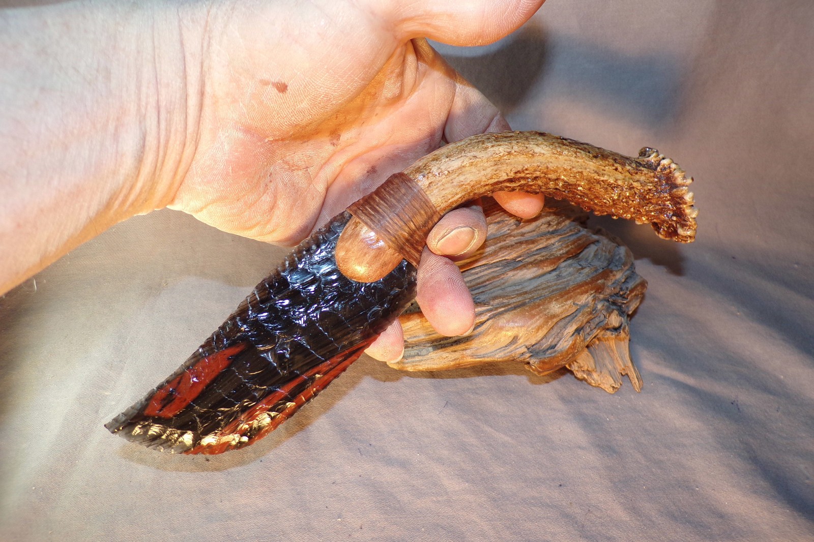Triple Flow Obsidian Skinning Knife Flint Knapping Black Powder Antler Handle