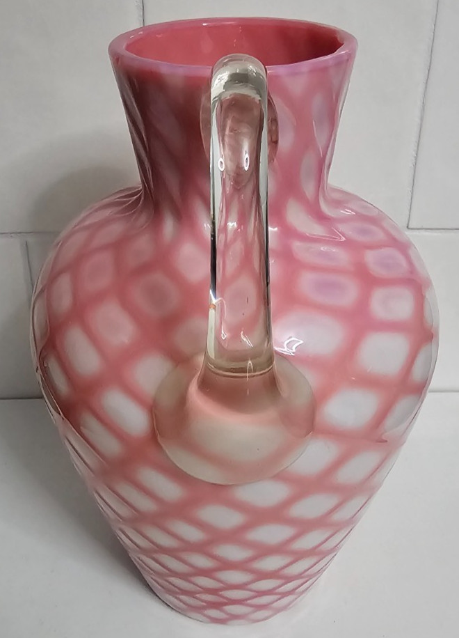 EAPG Victorian Glass Opaque Pink White Lattice Pitcher Jug